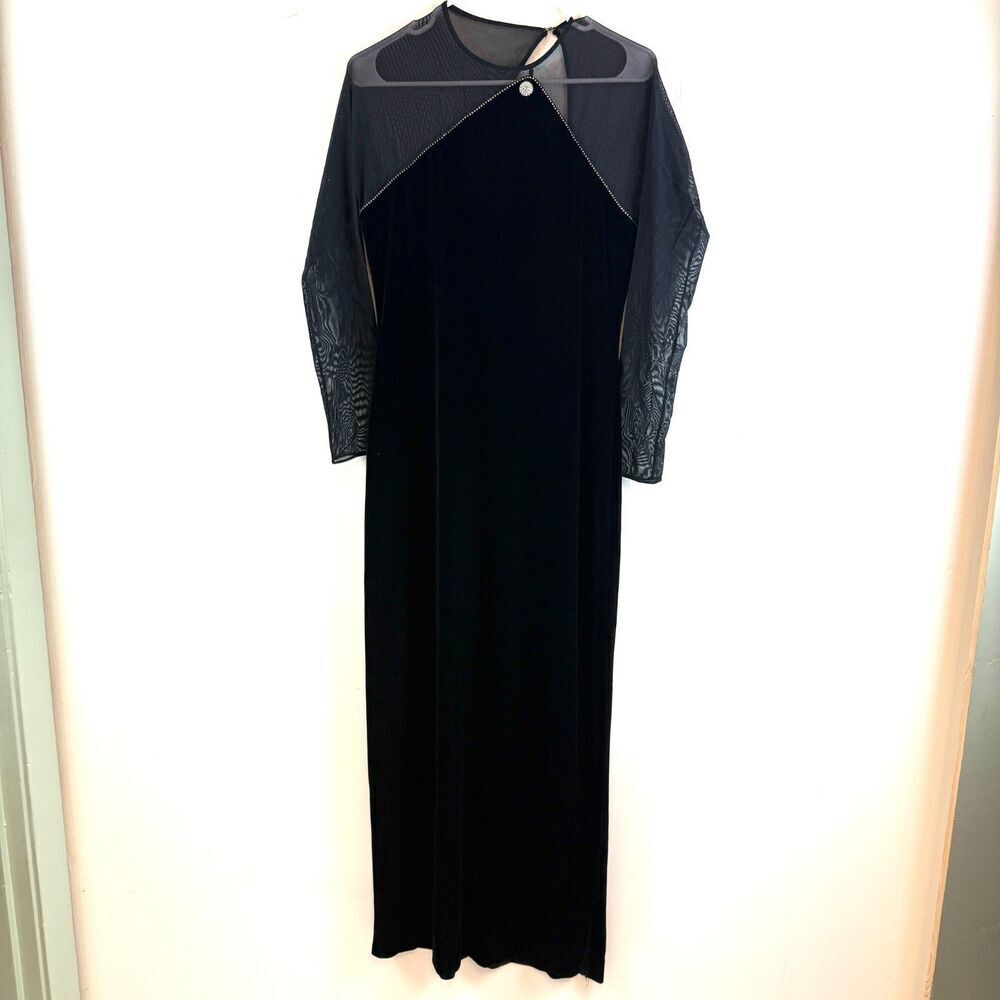 Vintage 90s Y2k Whimsigoth Dress Black Velvet Maxi Sheer Rhinestone Witchy Sz 12